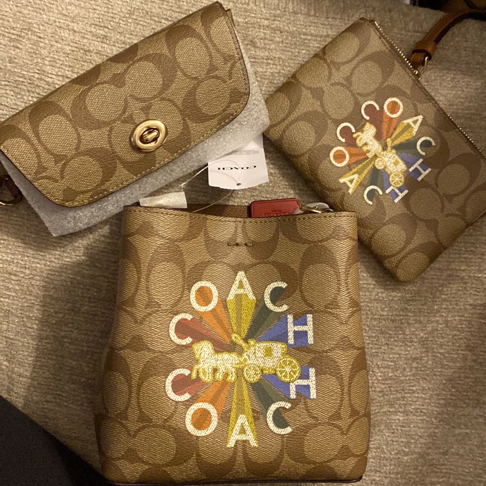 NWT! Coach Signature Rainbow H&C Mini bucket 3 set